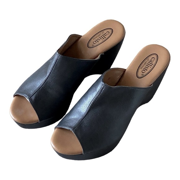 CALLISTO Black Leather Wooden Wedge Mules Clogs Open Toe Gothic Size 9 Gothic - Picture 4 of 13